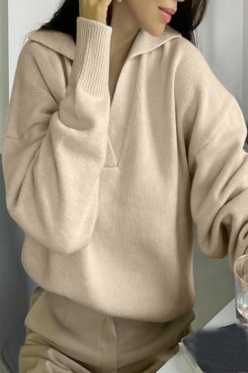 Suéteres casuales de cuello POLO de punto con patchwork de color sólido para uso diario