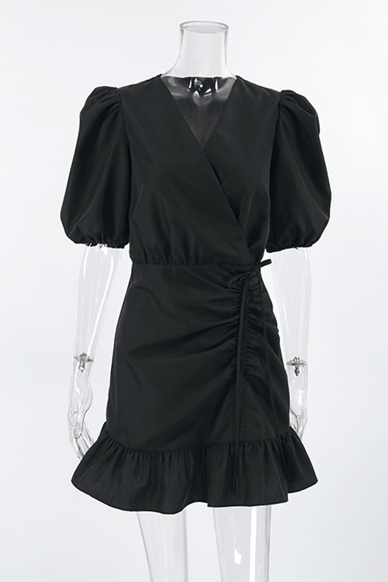 Vestidos casuales de uso diario con cuello en V fruncido, cordón ajustable y línea A en color sólido