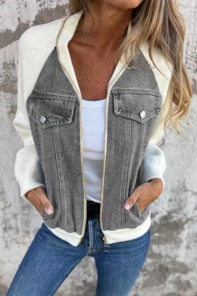 Prendas de abrigo informales de color liso con cremallera y cuello vuelto en contraste (8 colores)