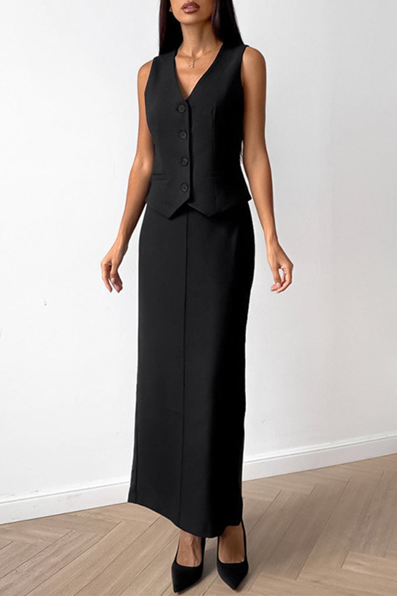 Conjunto informal de dos piezas con cuello en V, sin mangas, color liso, botones y diario