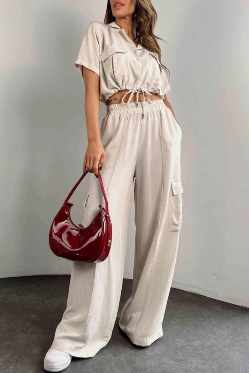 Conjunto informal de dos piezas con botones, cinturón, cuello vuelto, manga corta (3 colores)