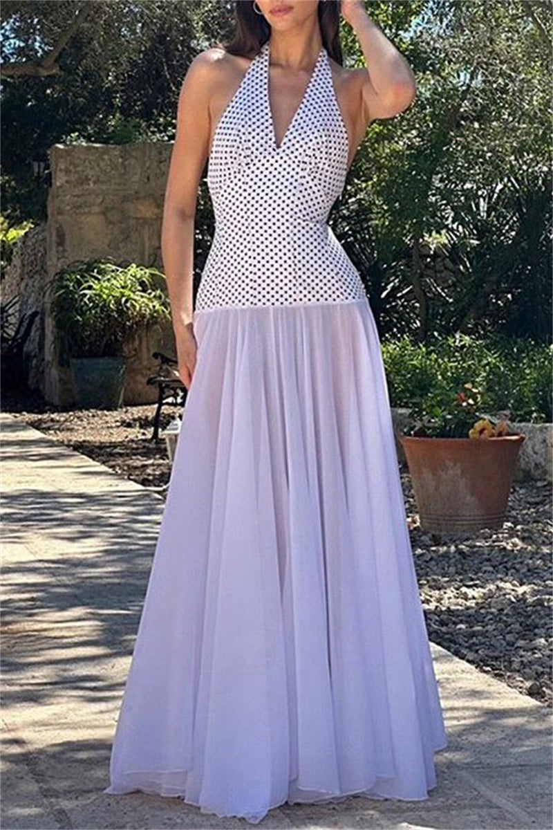 Vestidos largos sexis informales con estampado, espalda descubierta, cinturón y cuello halter