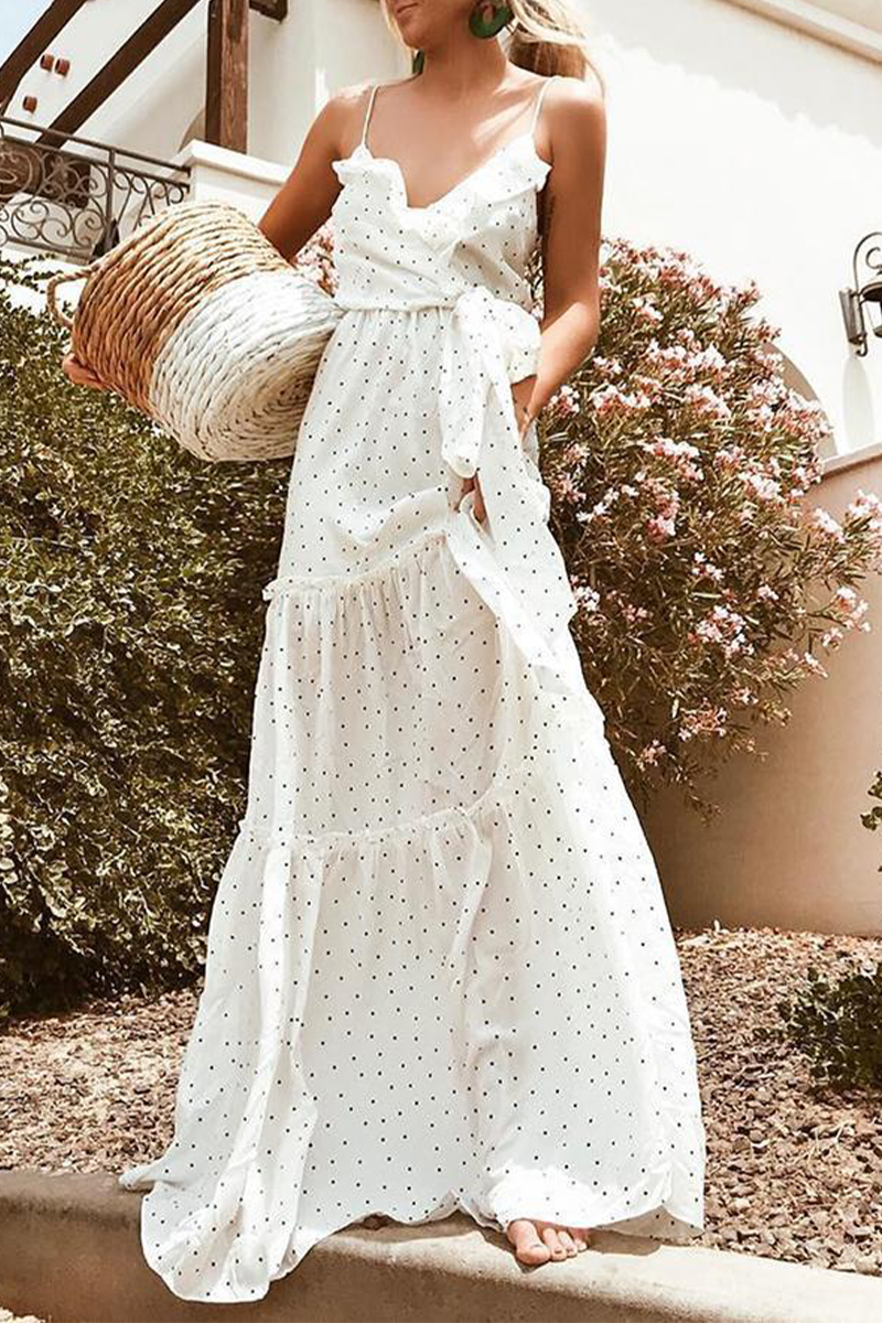 Vestidos sexis con cuello en V, volantes y patchwork de lunares