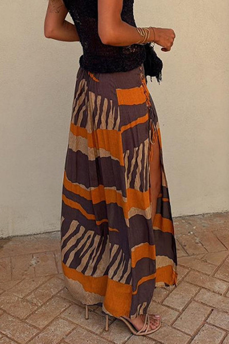 Pantalones casuales de vacaciones con estampado de rayas, con cordones, aberturas en contraste, sueltos, de cintura alta, tipo A, con estampado completo