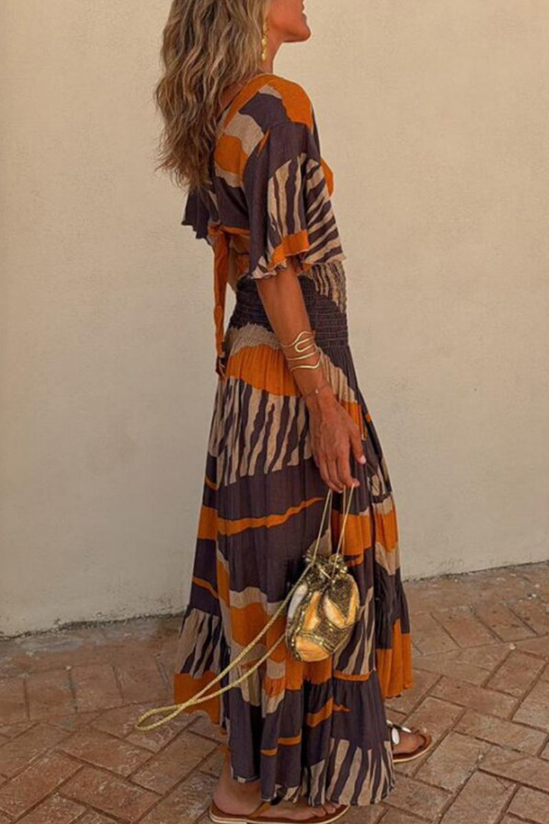 Conjunto informal de dos piezas con cuello en V, manga corta y estampado de rayas para vacaciones