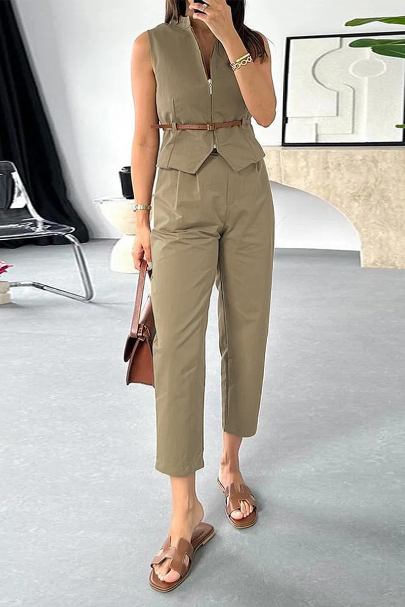 Conjunto informal de dos piezas, color liso, sin cinturón, con cremallera y cuello mandarín, sin mangas