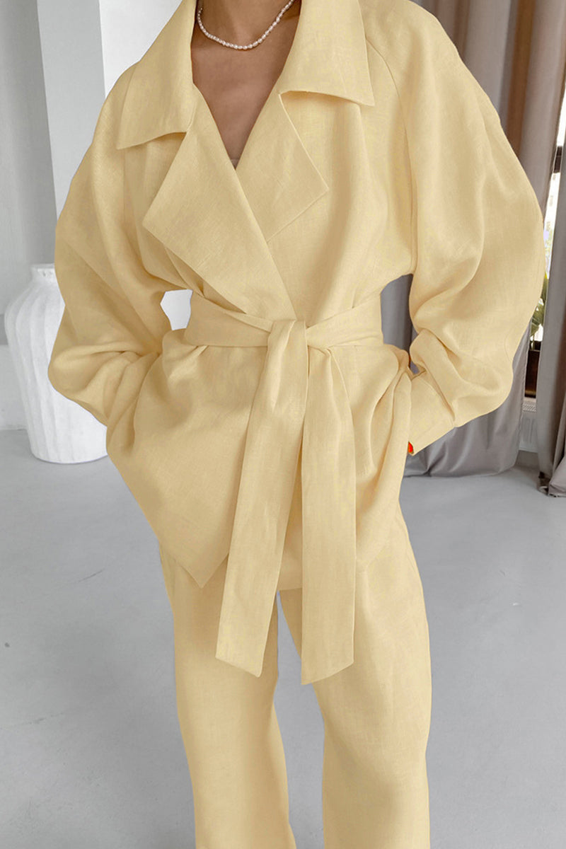 Conjunto informal de dos piezas con cuello vuelto, manga larga, color sólido, bolsillo, cordones y diario