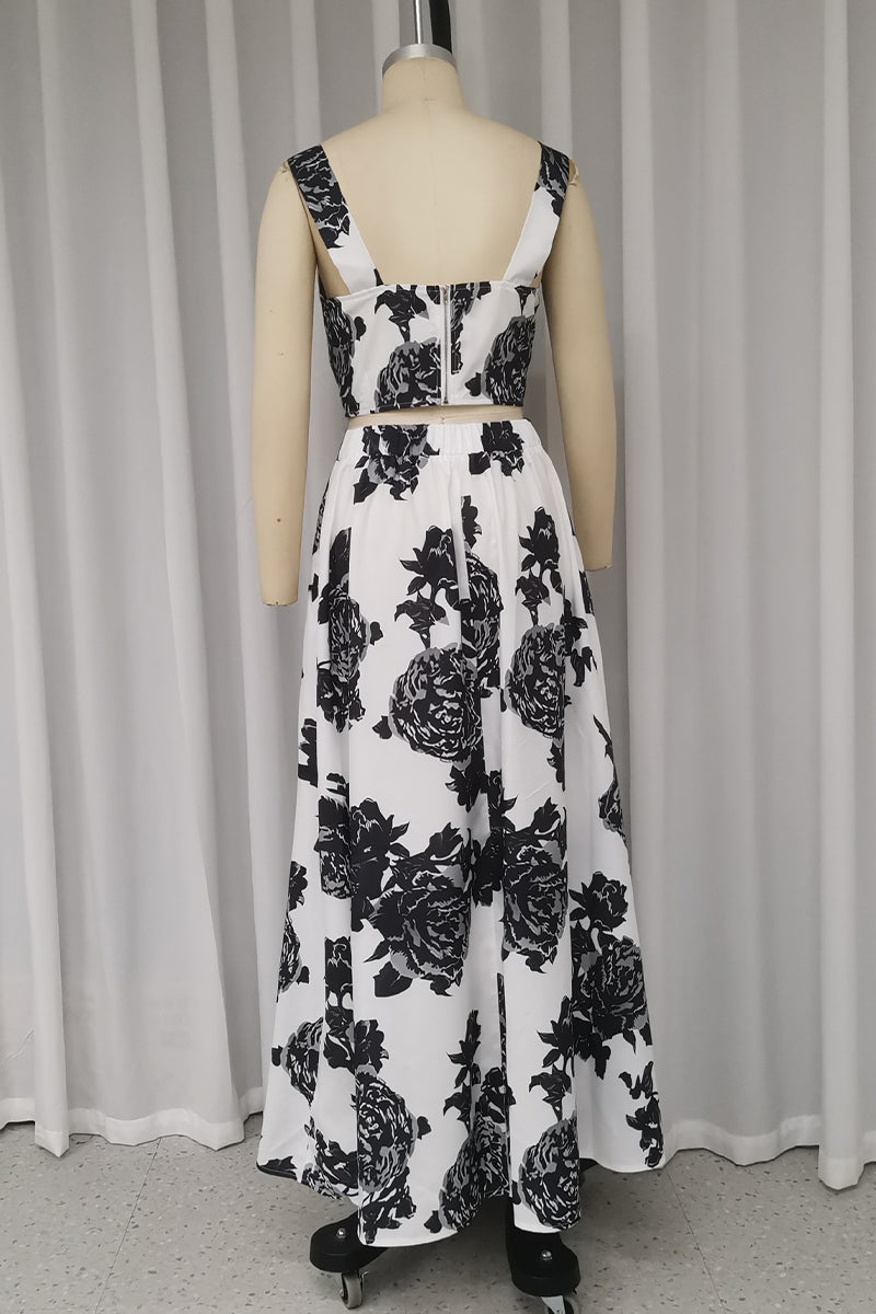 Conjunto informal de dos piezas con cuello en V, sin mangas y estampado de flores para vacaciones