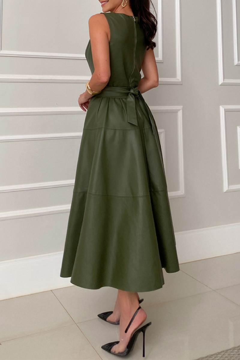 Vestidos casuales de color sólido con cordones y patchwork, cuello redondo y sin mangas