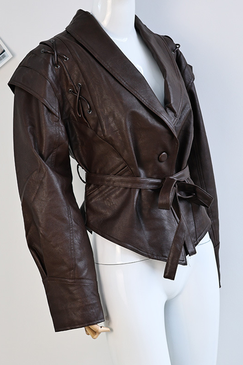 Prendas de abrigo informales de calle de color liso con cordones y cuello vuelto