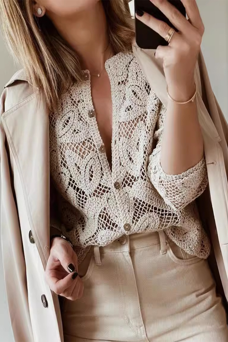 Prenda exterior informal de cuello redondo desgastado y calado para uso diario