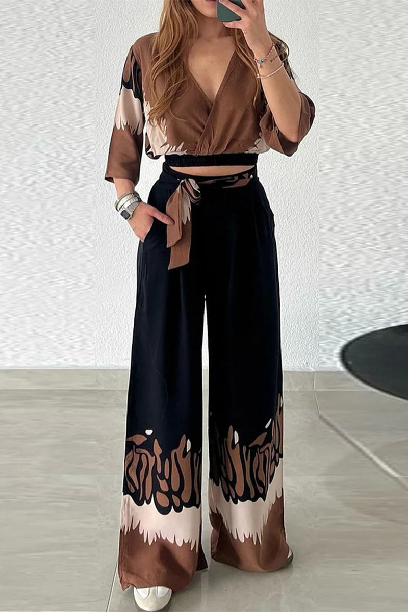 Conjunto de dos piezas con escote en V, manga de nueve puntos y bolsillo con estampado degradado informal