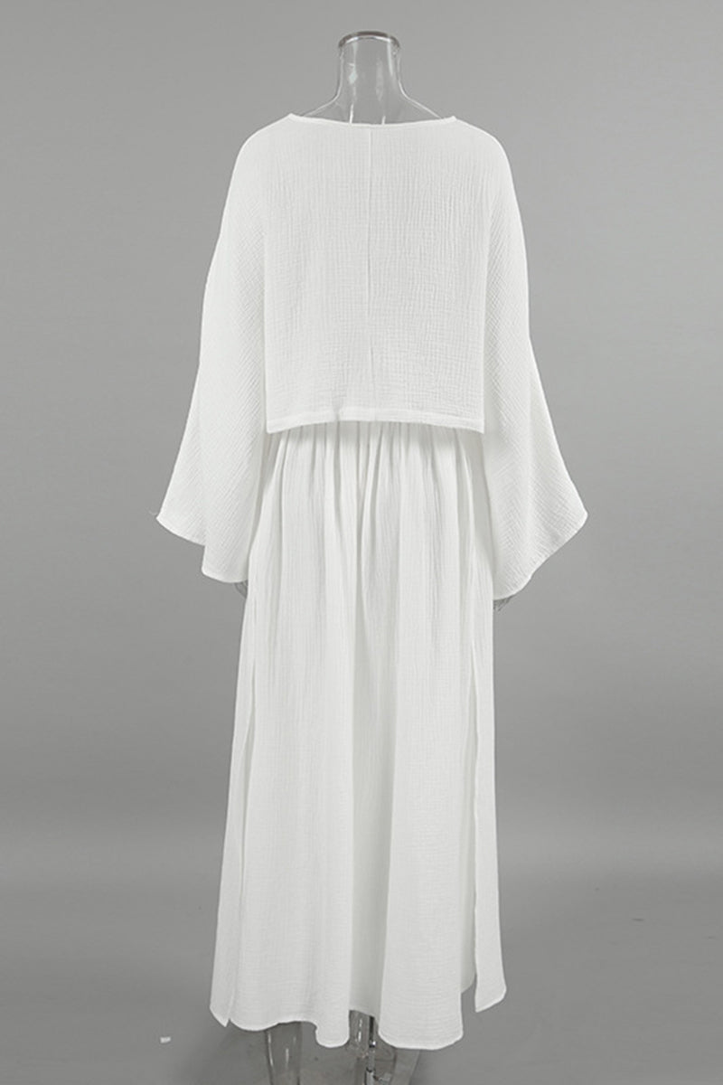 Conjunto de dos piezas informal con abertura y cuello redondo fruncido y manga larga