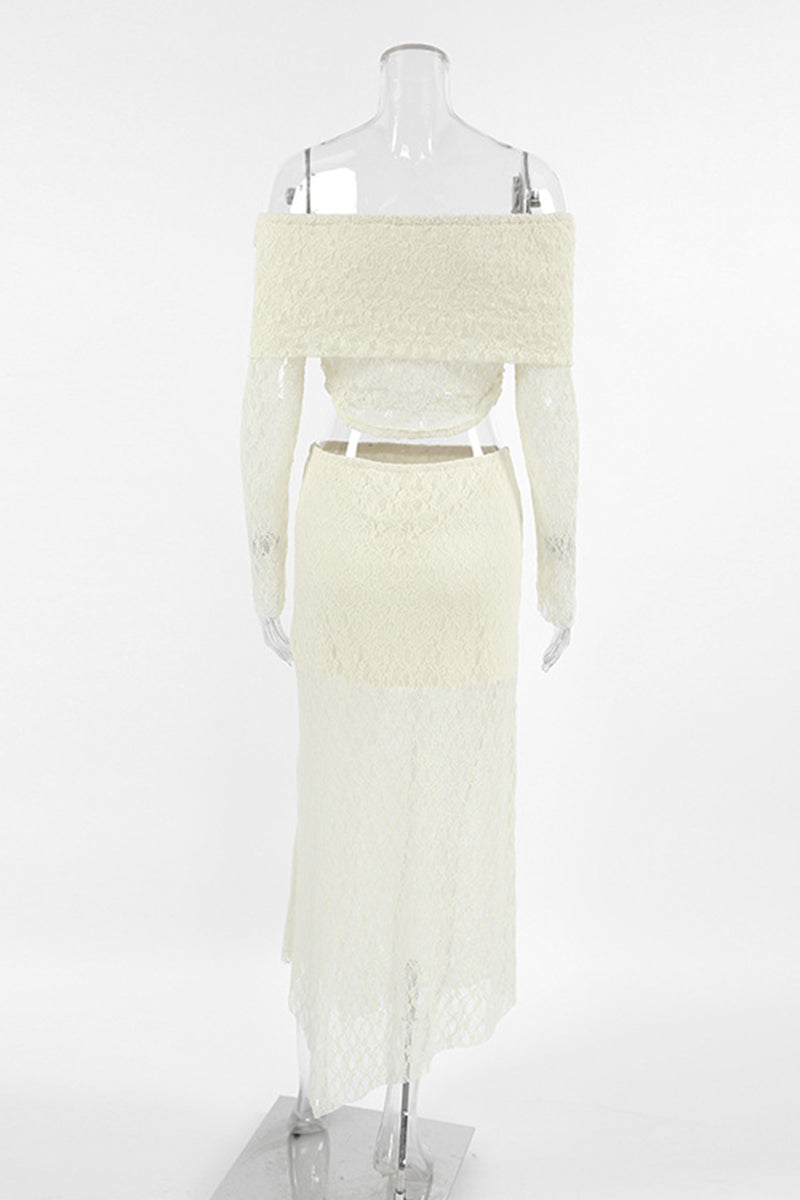 Conjunto de dos piezas de encaje sexy transparente con hombros descubiertos y manga larga (sin cinturón)