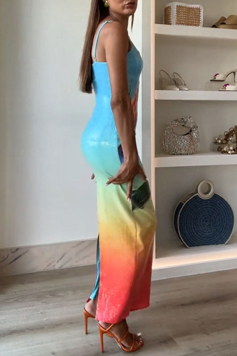 Vestidos de fiesta sexys con flores, lentejuelas y escote en U, falda de un solo paso