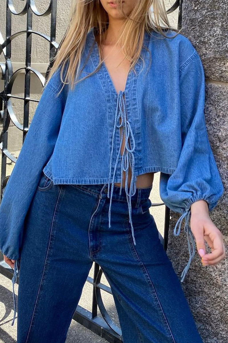 Prendas de abrigo informales de color sólido con cordones y cuello en V