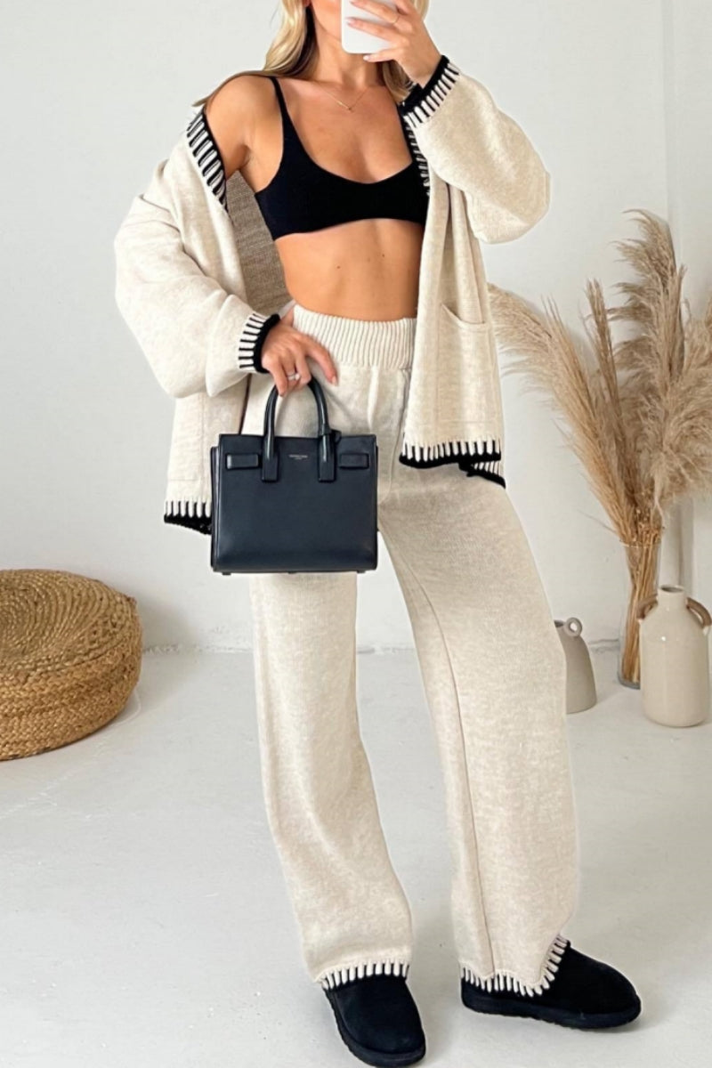 Conjunto informal de dos piezas con botones y cuello en V, manga larga (4 colores)