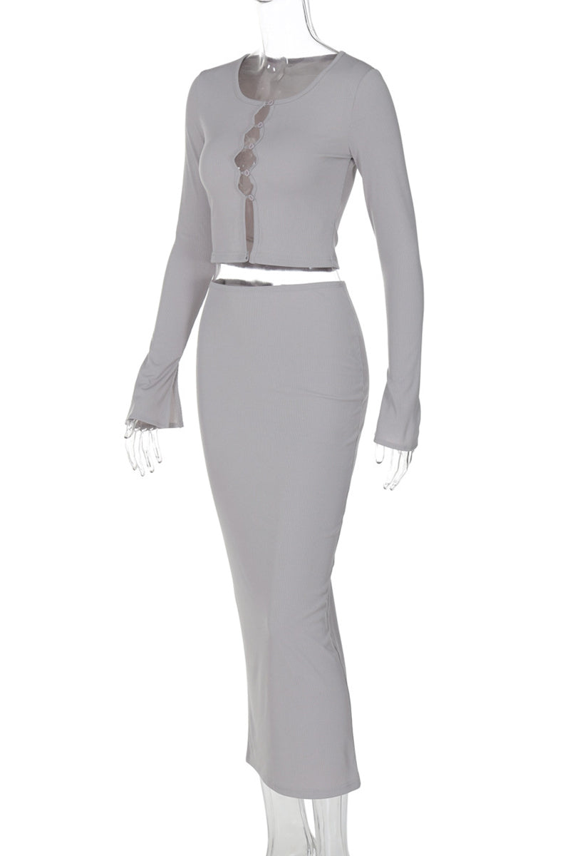 Elegante conjunto de dos piezas con cuello redondo, manga larga y parches de hebilla (3 colores)