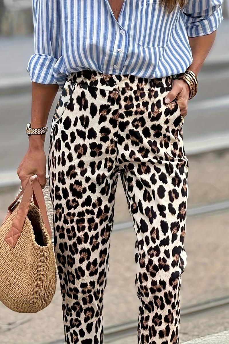 Pantalones casuales de calle con estampado de leopardo, bolsillos, patchwork, rectos, de cintura alta, tipo lápiz