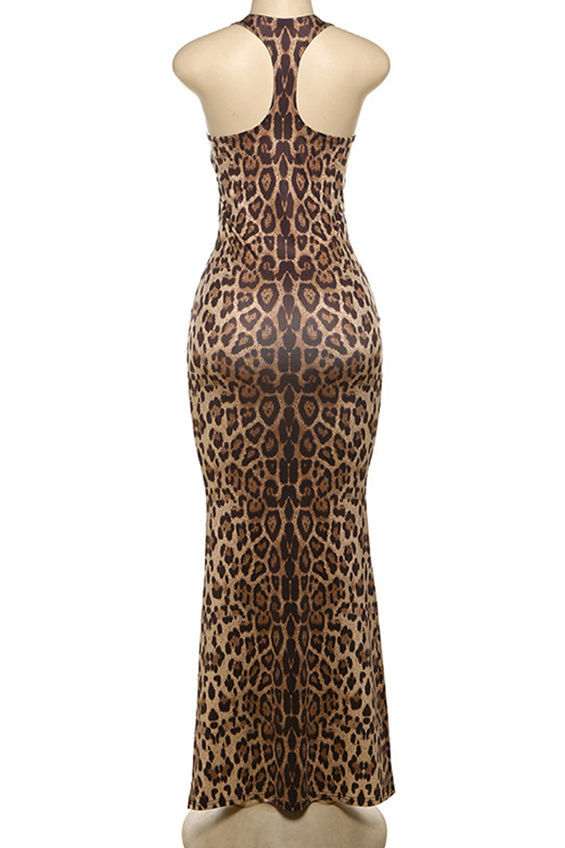 Elegantes vestidos largos con cuello halter, espalda descubierta y estampado de leopardo