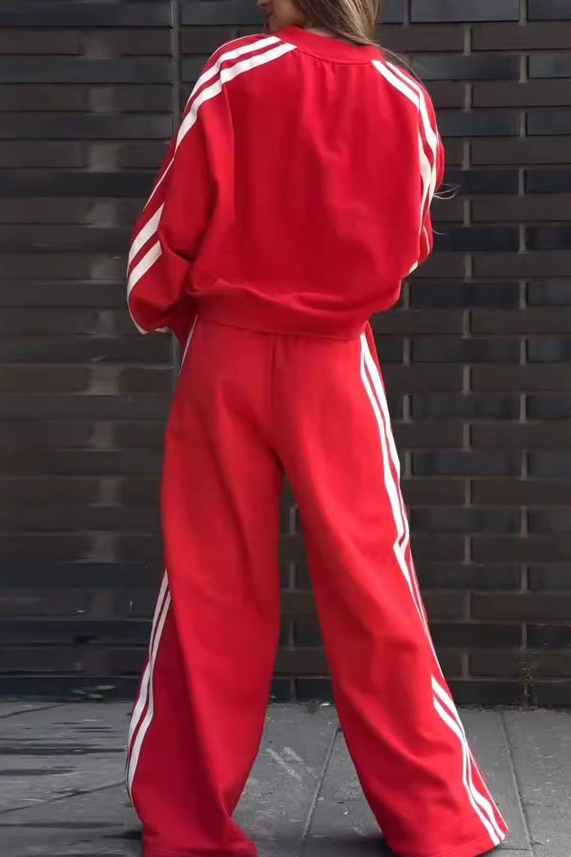 Conjunto informal de dos piezas con cuello en V, manga larga y rayas de patchwork