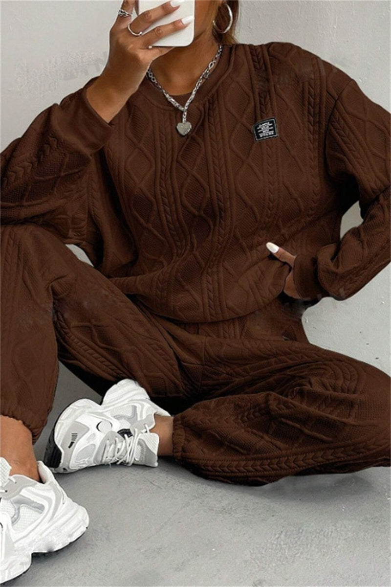 Conjunto informal básico de dos piezas con cuello redondo y manga larga (7 colores)