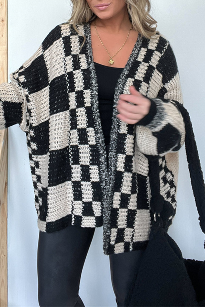 Prenda exterior informal de tejido a cuadros con cuello en V en contraste (3 colores)