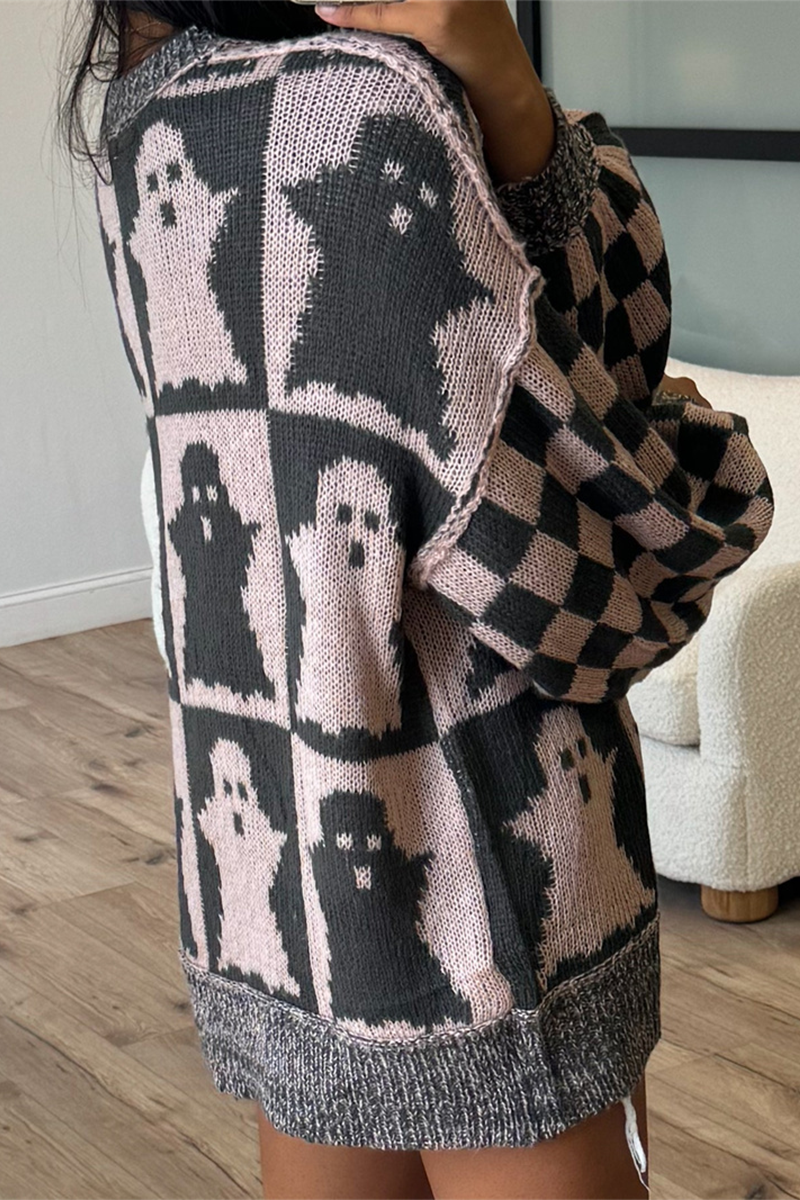 Suéteres casuales de cuello redondo con contraste y tejido a cuadros