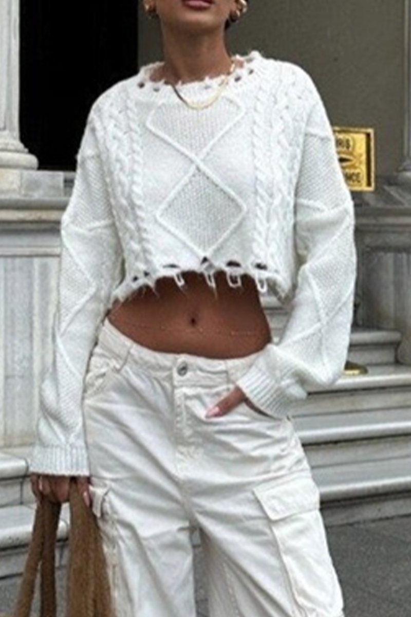 Casual Solid Color Ripped Weave O Neck Sweaters