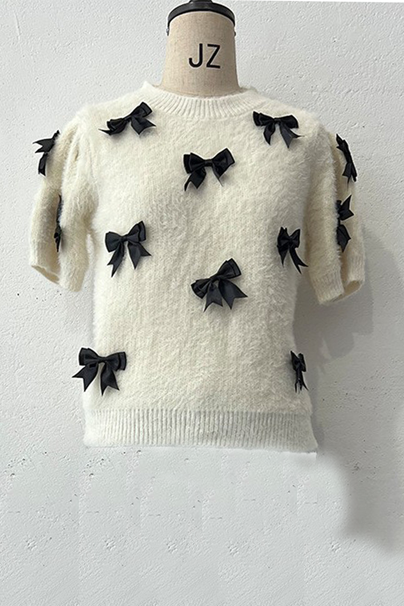 Suéteres casuales de cuello redondo con decoración de lazo en contraste para uso diario