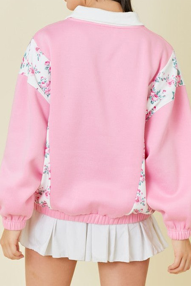 Sudadera informal con cuello vuelto, estampado de flores y patchwork en bolsillos