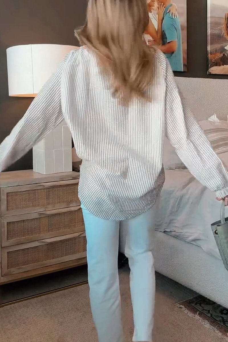 Blusa informal de rayas con cordones y cuello en V en contraste (4 colores)