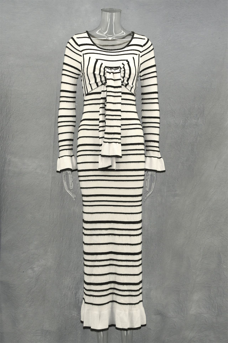 Vestidos casuales de falda de un solo paso con cuello redondo y decoración de lazo y rayas de patchwork