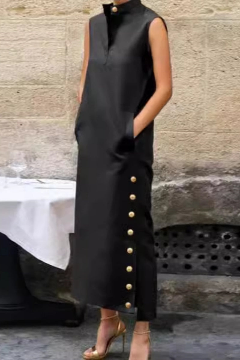 Vestidos largos casuales de cuello mandarín con abertura y bolsillo