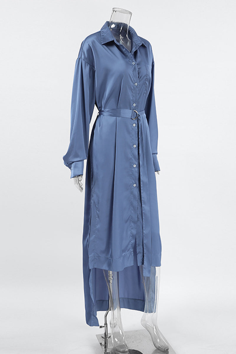 Elegante vestido camisero con cuello vuelto ajustable y hebilla con cordones