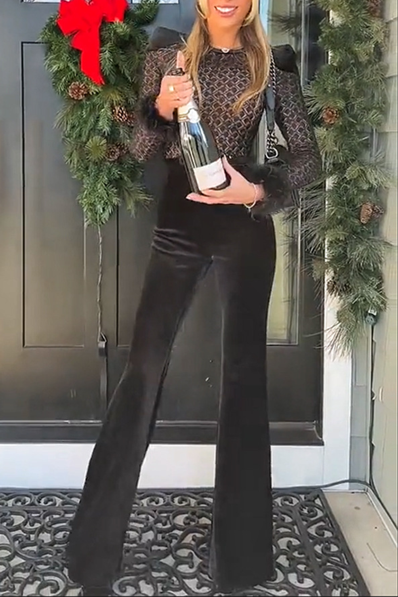 Monos sexis de terciopelo transparente con cuello redondo y diseño regular de patchwork