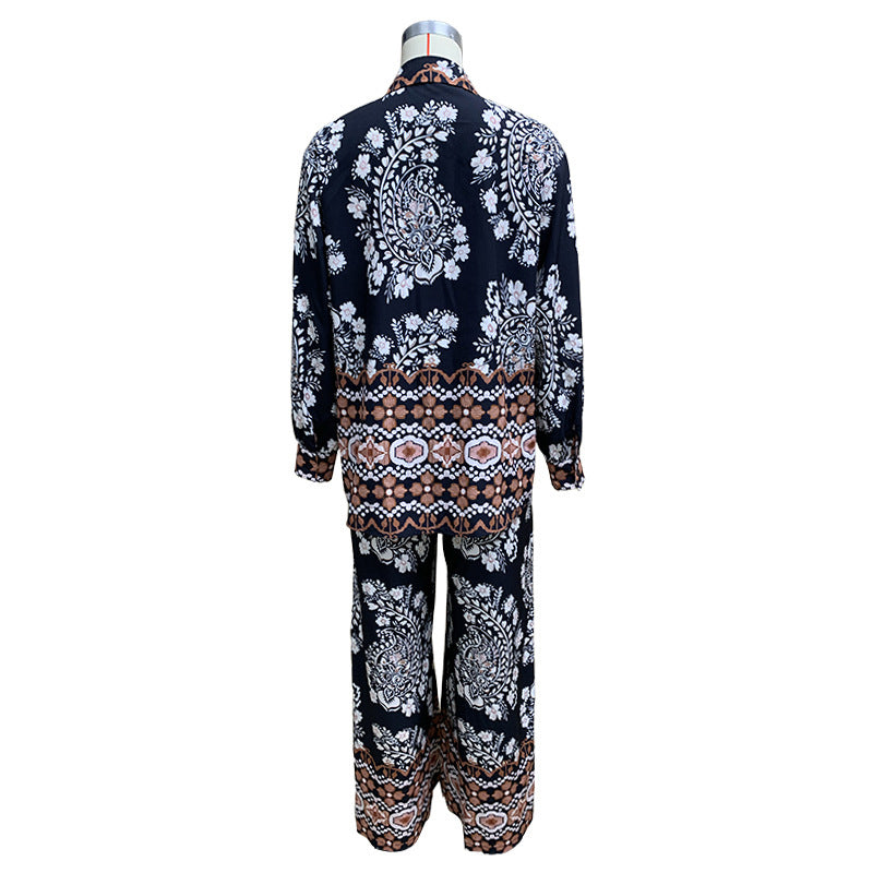 Conjunto informal de dos piezas con estampado floral, bolsillos, botones, cuello vuelto, manga larga