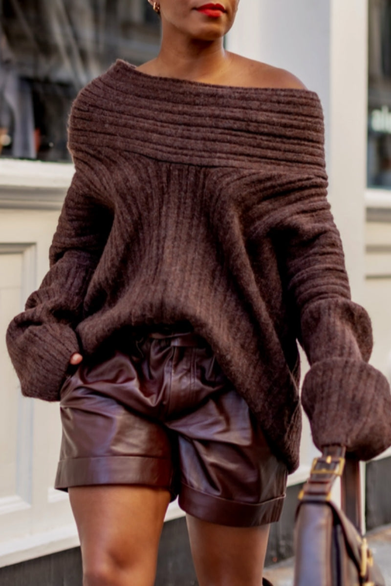 Suéteres casuales básicos de cuello oblicuo en color sólido