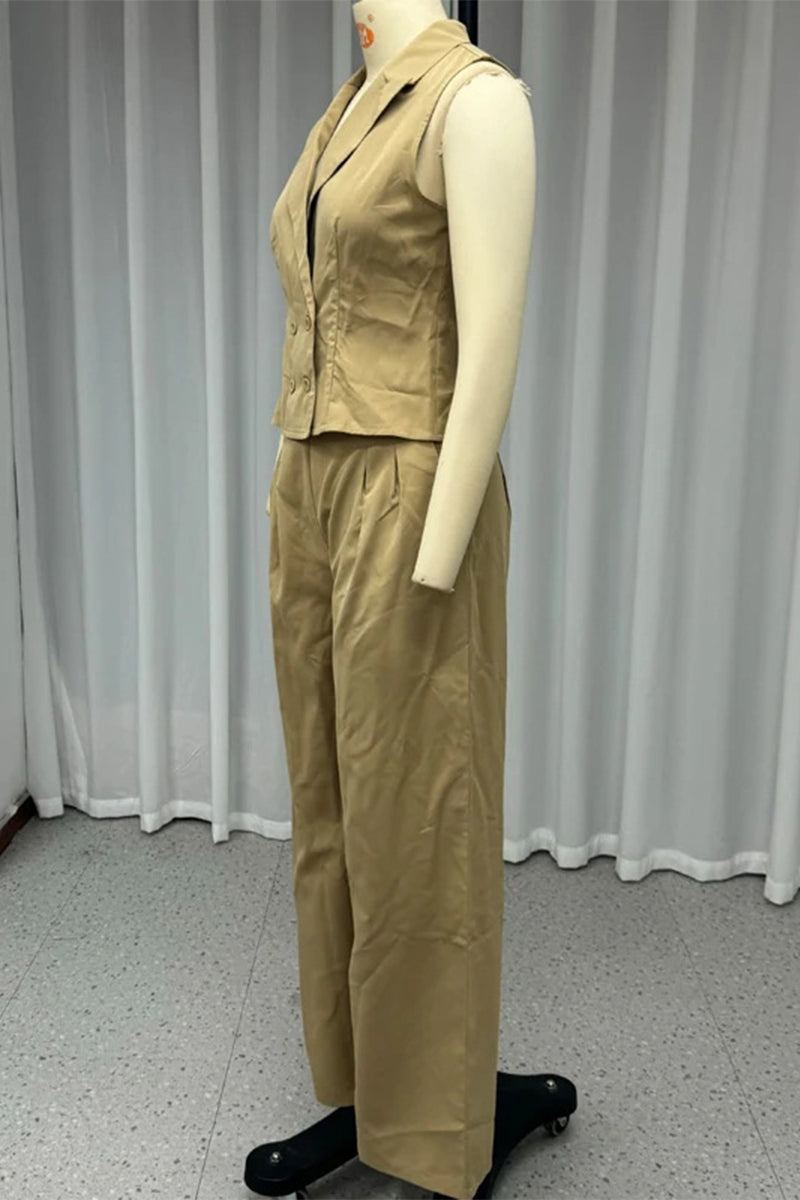 Conjunto informal de dos piezas con bolsillos, fruncido y cuello vuelto, sin mangas