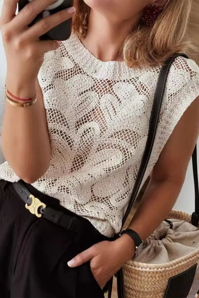 Tops casuales de cuello redondo calados para uso diario