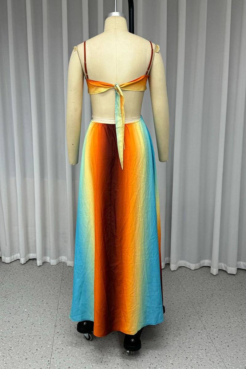 Vestidos largos sexis con escote en V, encaje y contraste con estampado degradado