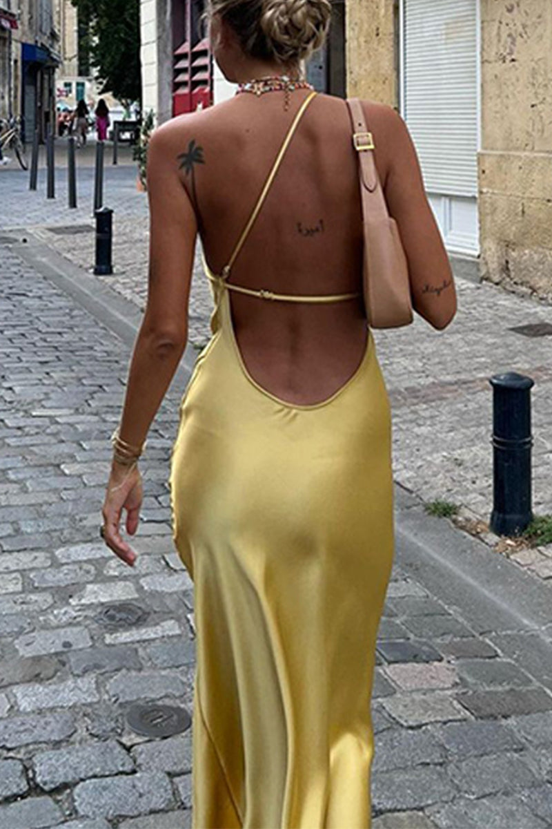 Sexy Solid Color Backless Slit Sloping Shoulder Long Dresses