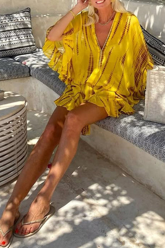 Vestidos casuales de vacaciones con estampado geométrico, volantes, cuello en V, corte A