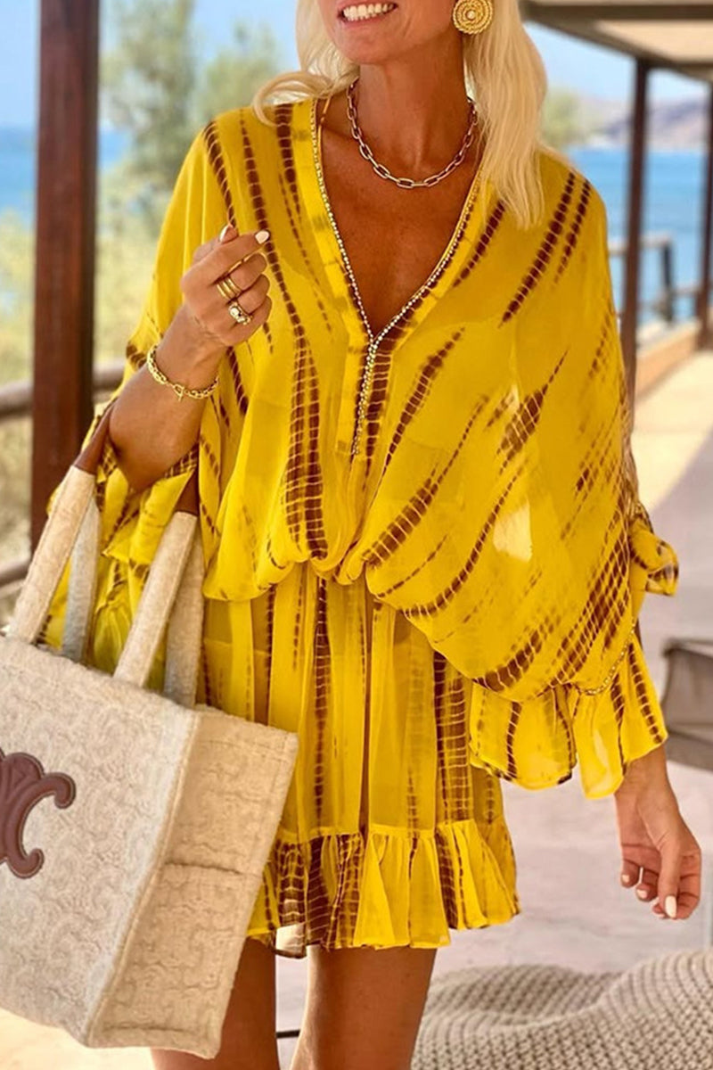 Vestidos casuales de vacaciones con estampado geométrico, volantes, cuello en V, corte A