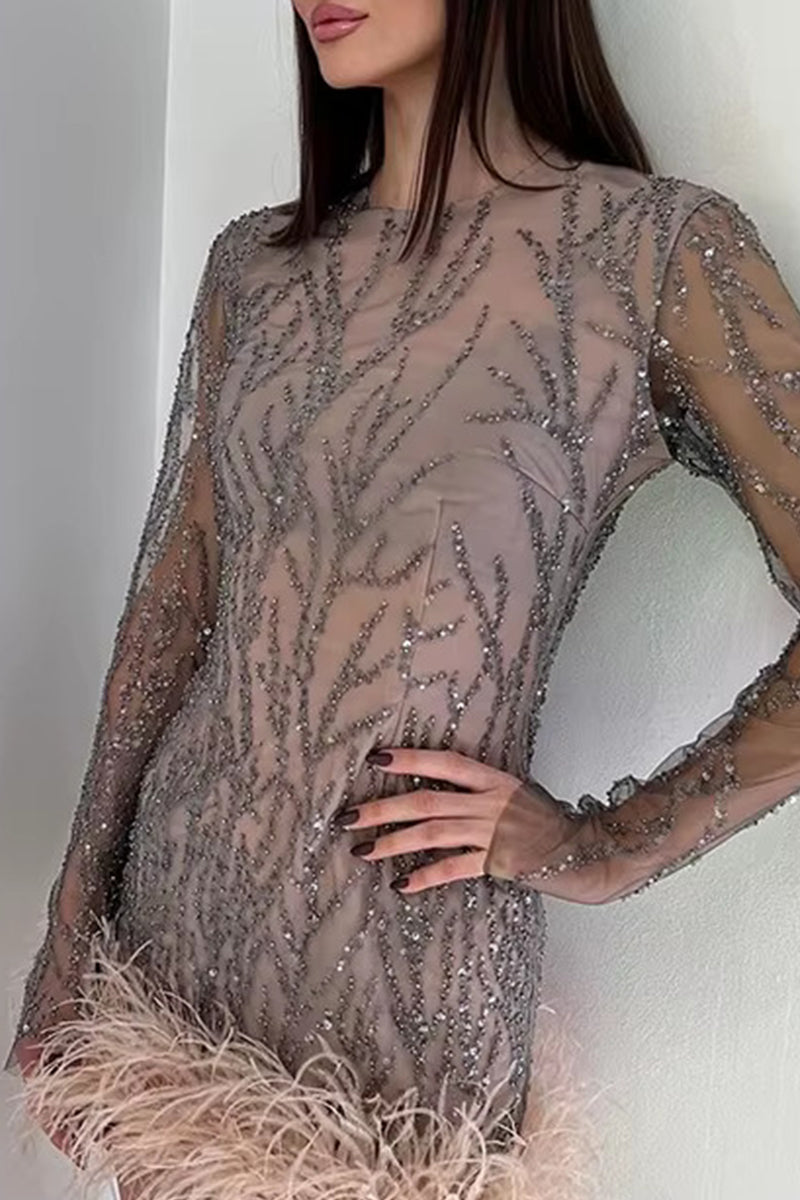 Elegante minivestido de malla con dobladillo de plumas y cuello redondo