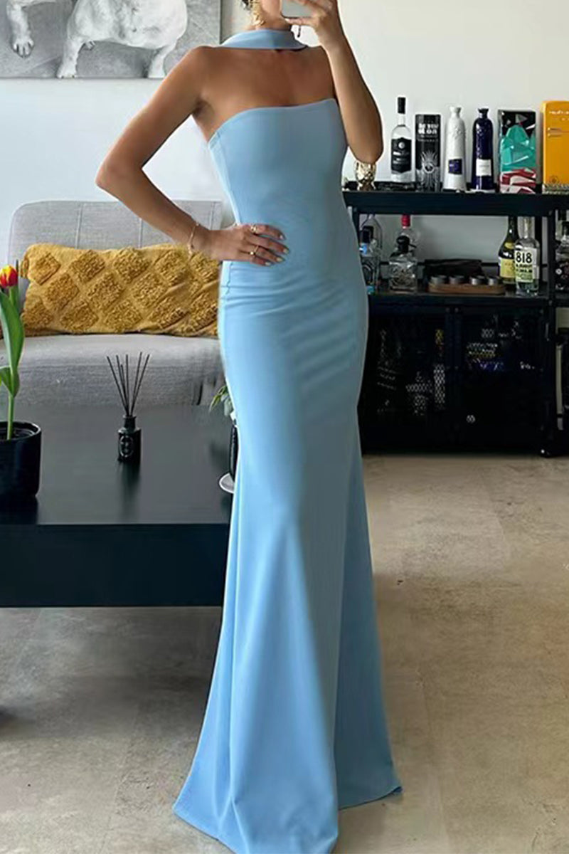 Sexy Solid Color Patchwork Halter Long Dresses