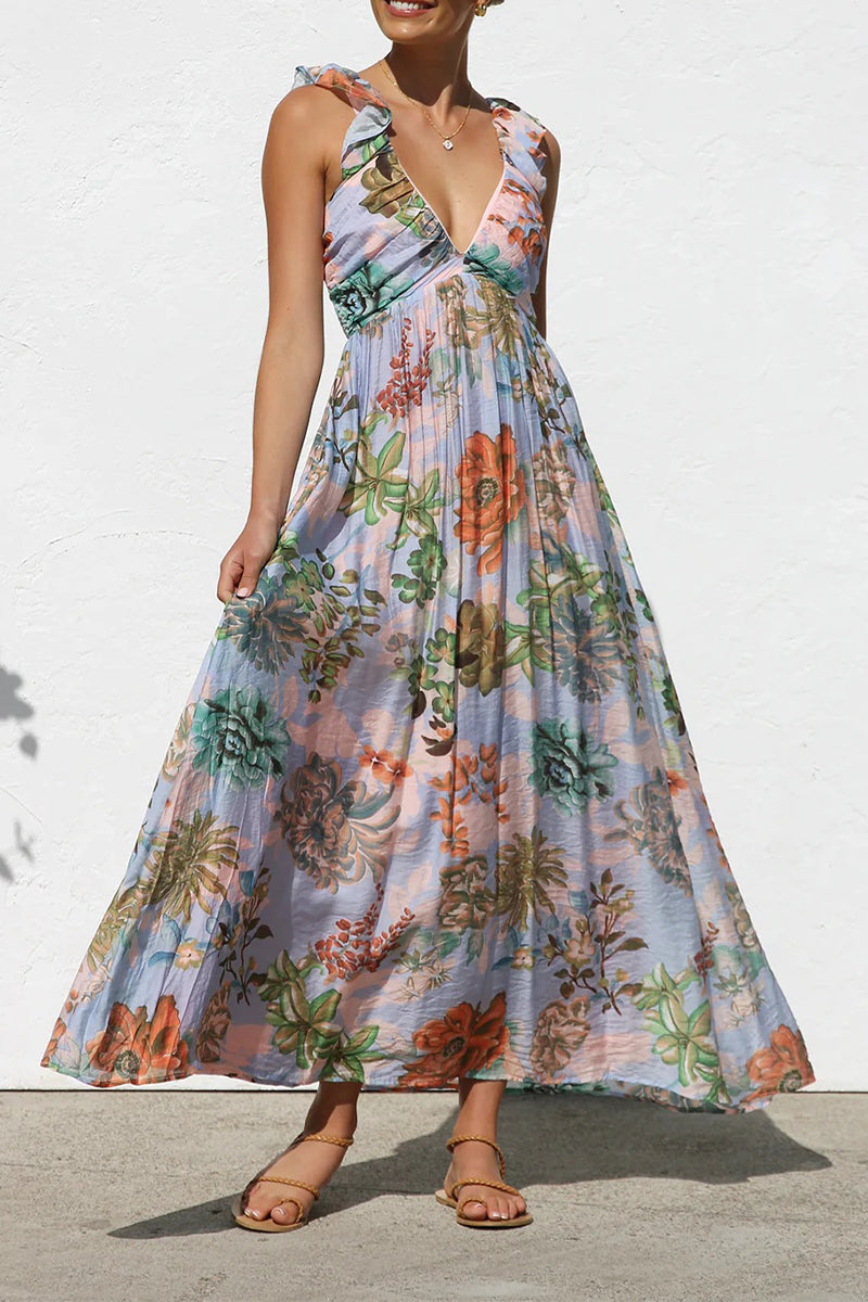 Vacation Geometric Print Flowers Contrast V Neck Long Dresses