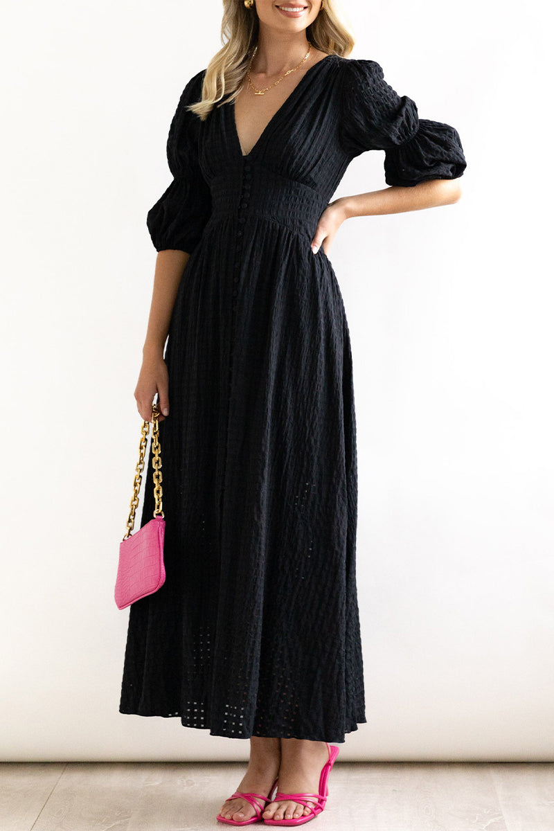 Elegante vestido de corte A con escote en V y botones de patchwork (3 colores)