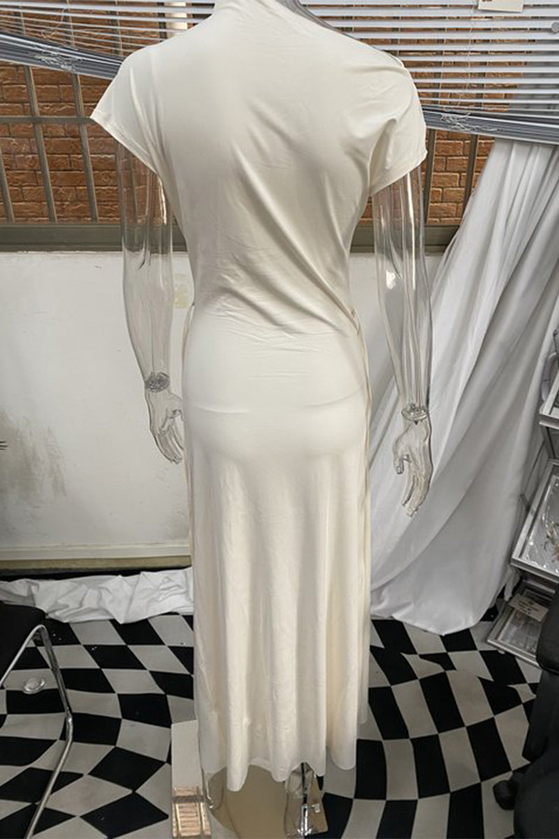 Vestido sexy de manga corta con escote redondo fruncido y abertura