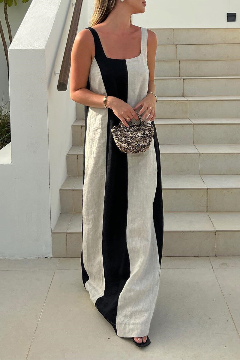 Vestidos casuales de falda de un solo paso con cuello cuadrado y contraste de patchwork a rayas